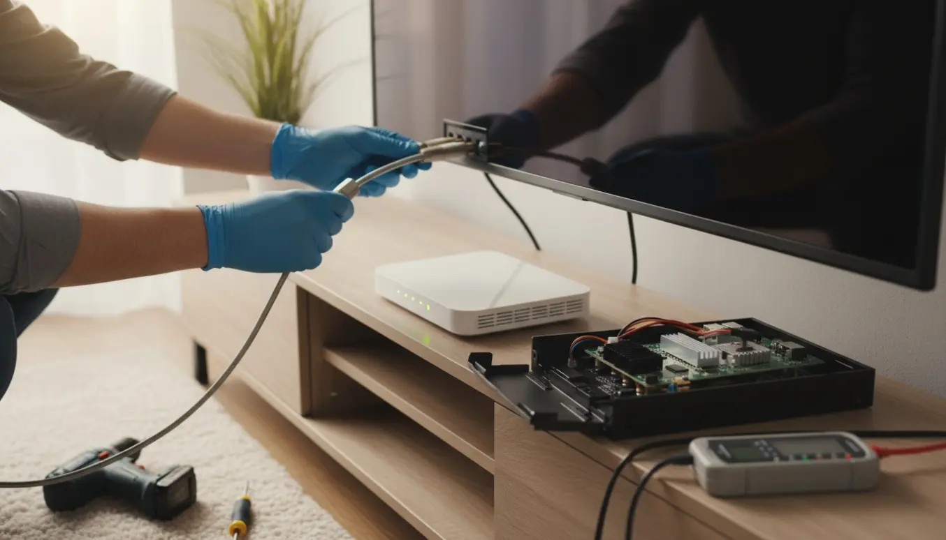 Nærbillede af hænder, der forbinder HDMI- og coax-kabler til et vægmonteret fjernsyn under installation og fejlsøgning.