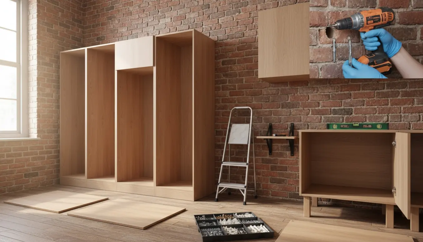 Hænder monterer skab og isætter rawlplugs i en murstensvæg ved installation af garderobeskabe.