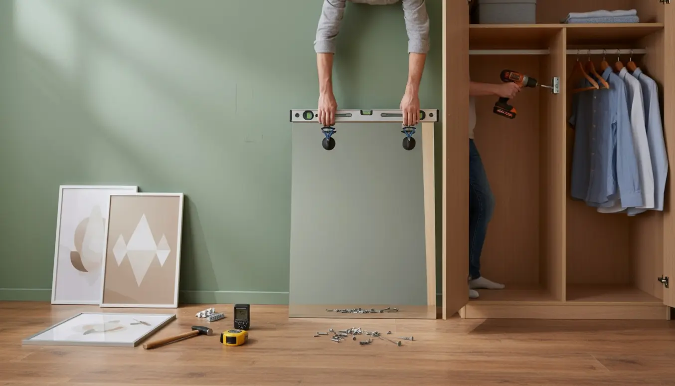 Hænder monterer et tungt vægspejl med sugekopper, arrangerer rammede plakater og installerer en bøjlestang i en garderobe.