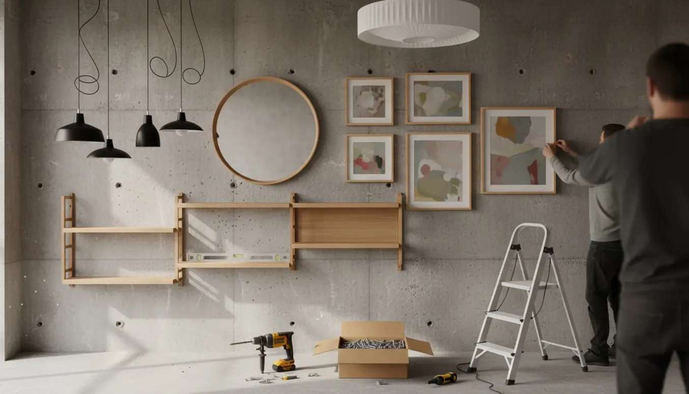 Montage af spejl, malerier, Montana-reoler og lamper på en betonvæg med borhammer og værktøj.