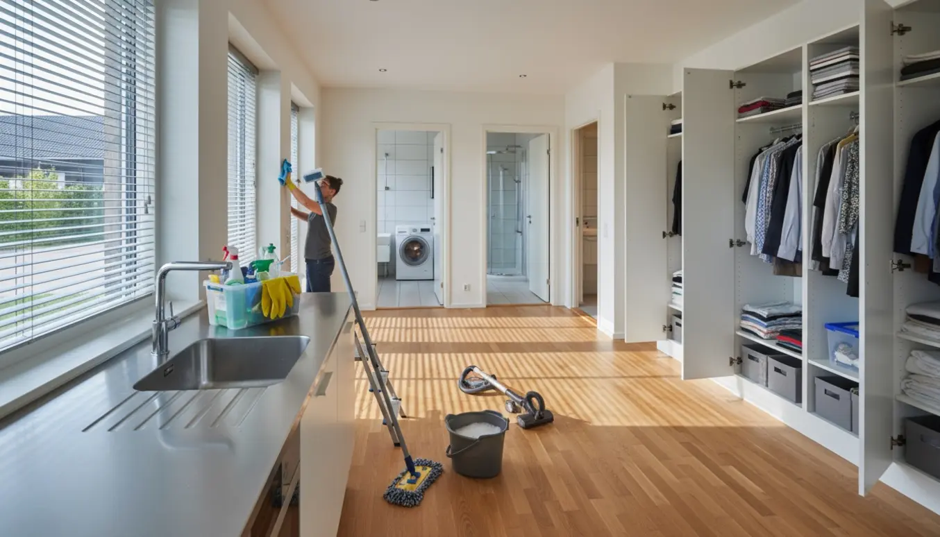 Tomt hus under grundig hovedrengøring med vinduer og persienner, rengøringsudstyr og skinnende overflader.