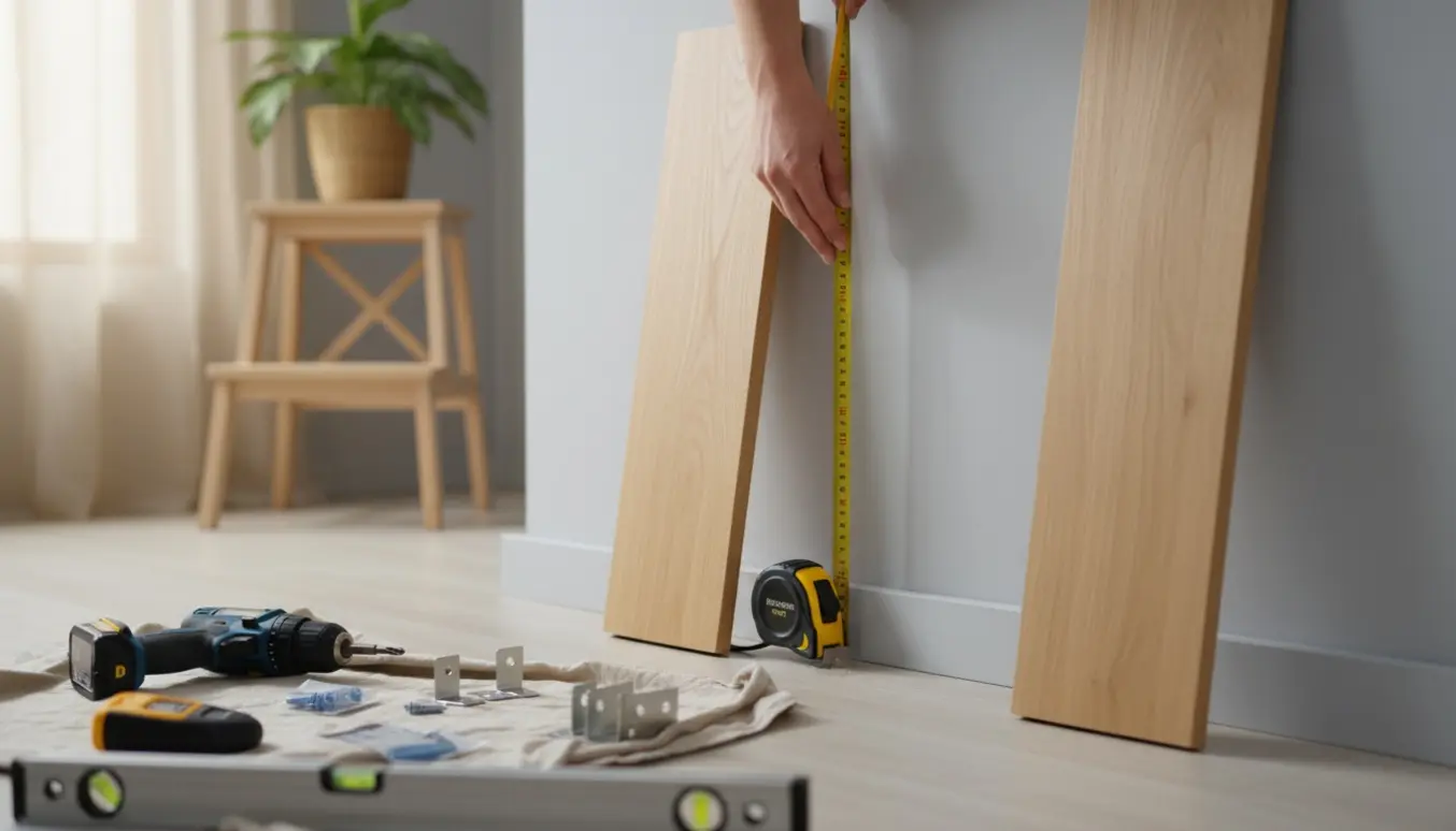 To træhylder og monteringsværktøj lagt frem, mens hænder måler og markerer placering på væggen.