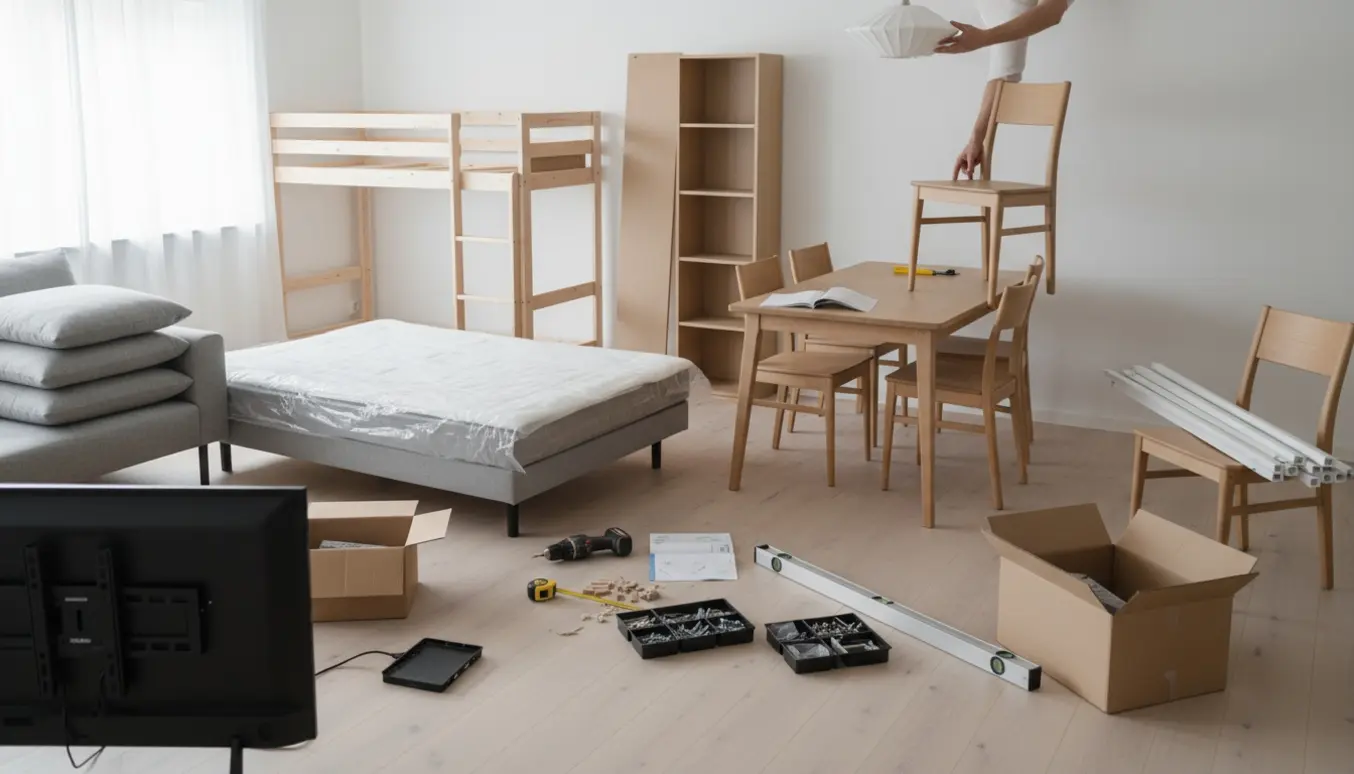 Halvfærdige møbler og værktøj i en lys skandinavisk stue klar til montering.