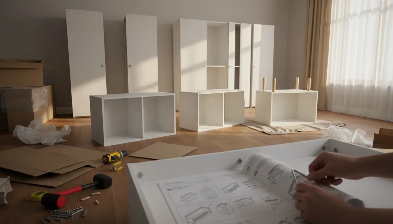 Ubranded fladpakkede skabe i forskellige stadier af samling i et lyst rum, hænder bruger værktøj blandt dele og kasser.