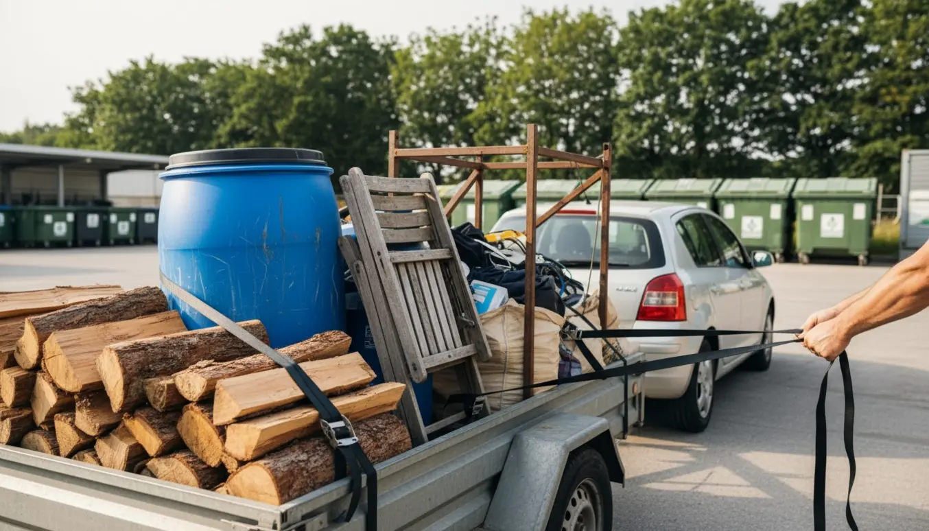 Trailer lastet med træ, en regnvandstønde og blandet skrot ved en genbrugsplads, en hånd spænder en surringsstrop.