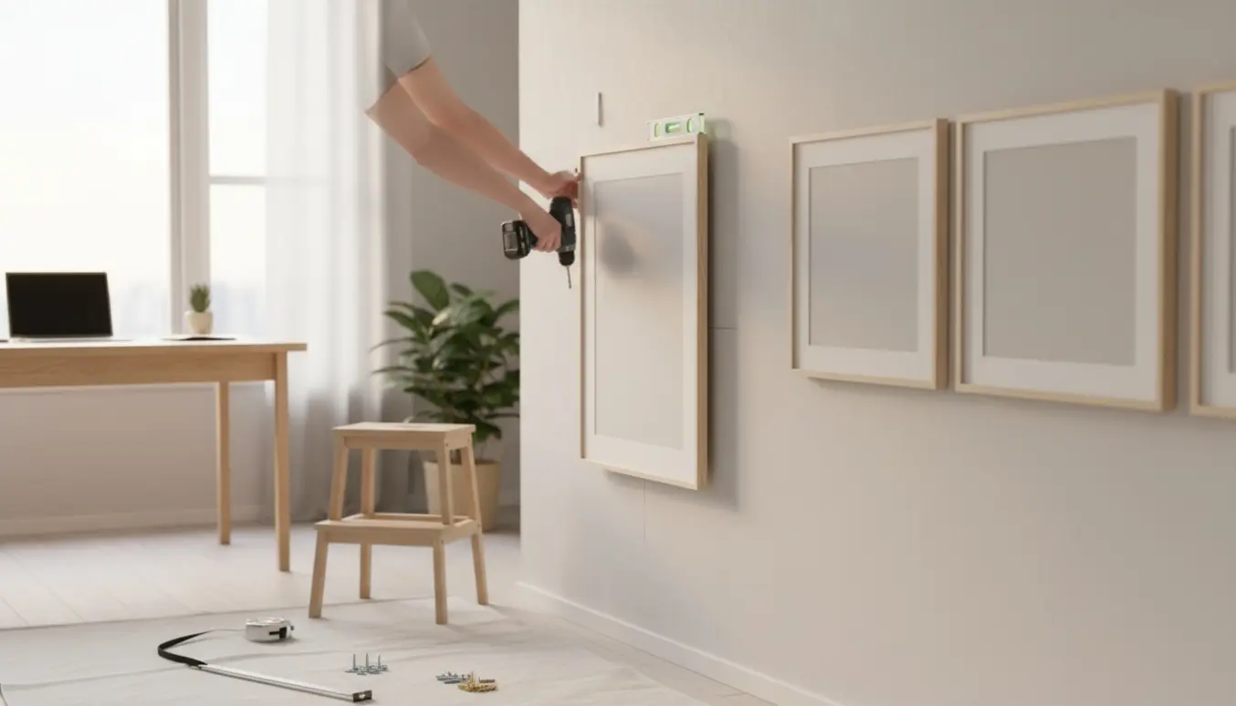 Hænger store 70x100 billeder op på en gipsvæg i et lyst kontor i Køge.