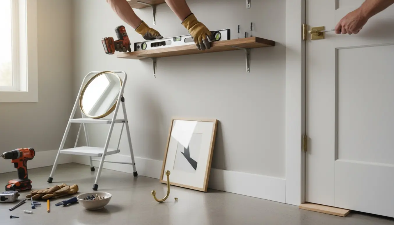 Hænder monterer hylder, spejl, knage og billede på en væg, mens en dør justeres med en skruetrækker.