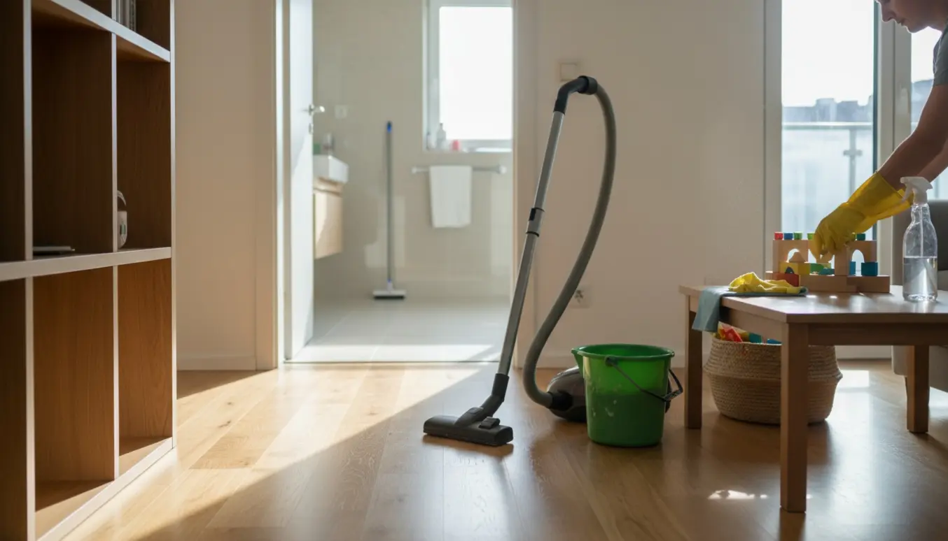 Lyse lejlighedsstue under rengøring med støvsuger, moppespand og legetøj samlet i en kurv.