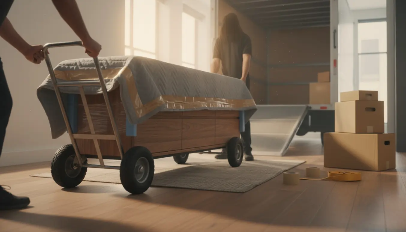 Hænder flytter en lav kommode pakket i flyttetæppe og placeret på en flyttedolly mod en varebil.