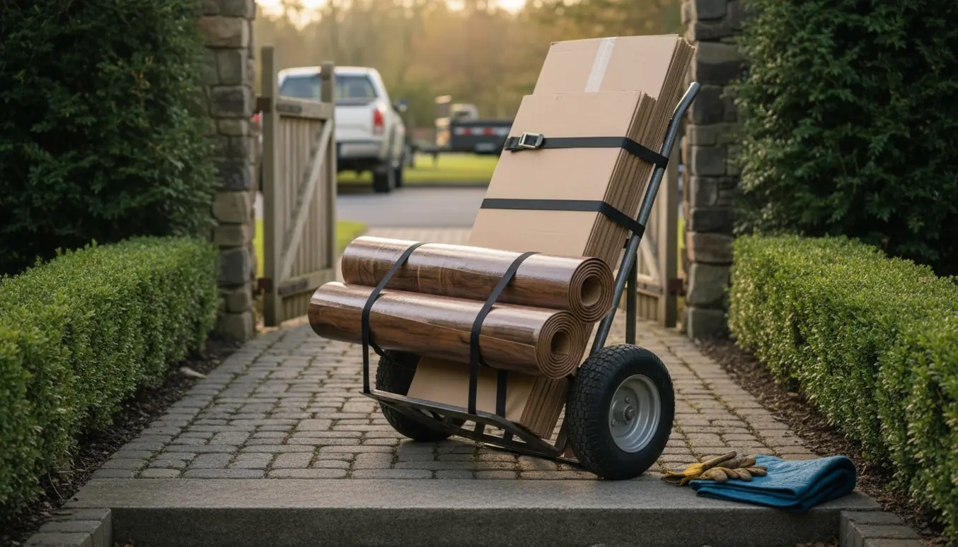 Sækkevogn med sammenrullede vinylgulve og stakke af fladt pap ved en smal havegang klar til storskrald.