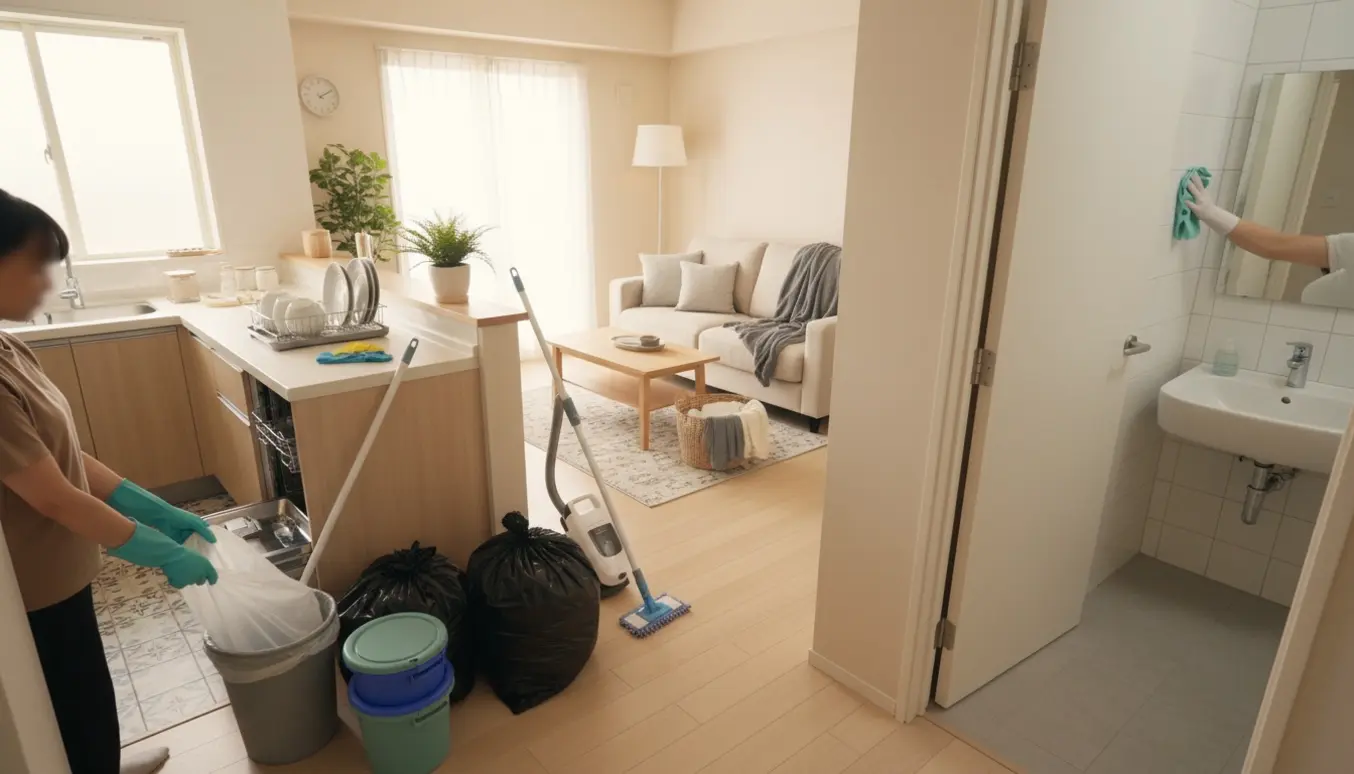 En person rydder op og tømmer skrald i en solbelyst, kompakt lejlighed med køkken, stue og badeværelse.