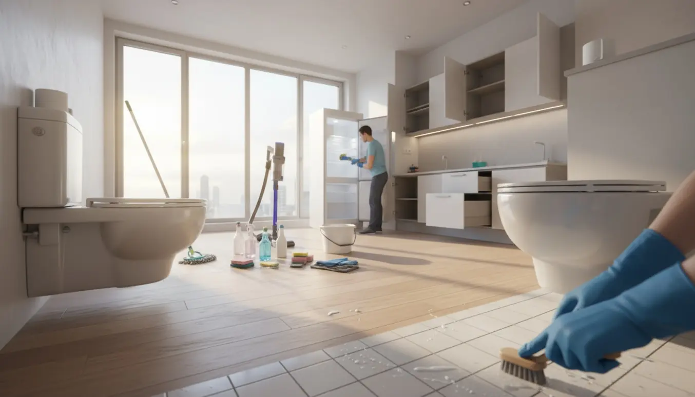 Hænder rengør fliser og køkkenskabe i en tom, solfyldt lejlighed med rengøringsudstyr i forgrunden.