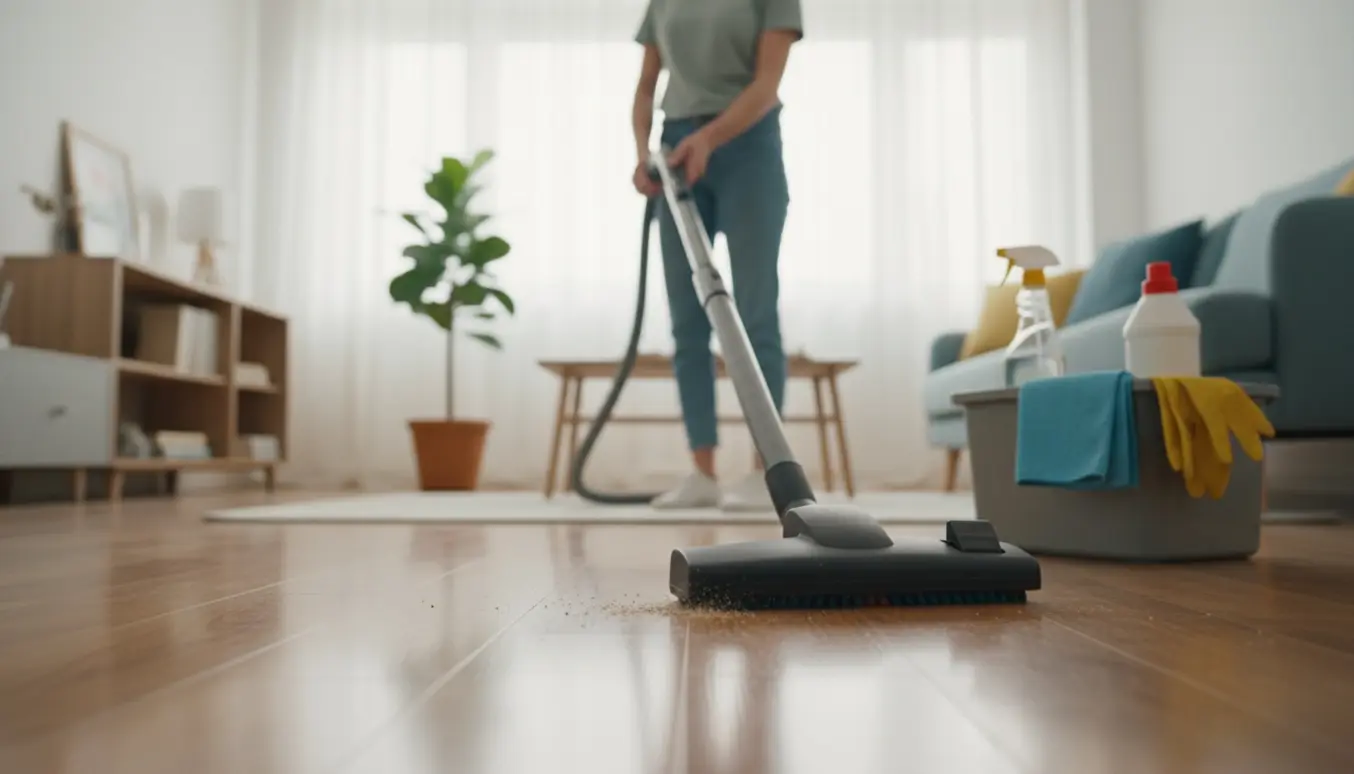 Rengøringsperson støvsuger et soloplyst og ryddeligt lejlighedsgulv med rengøringsmidler i en spand ved siden af.