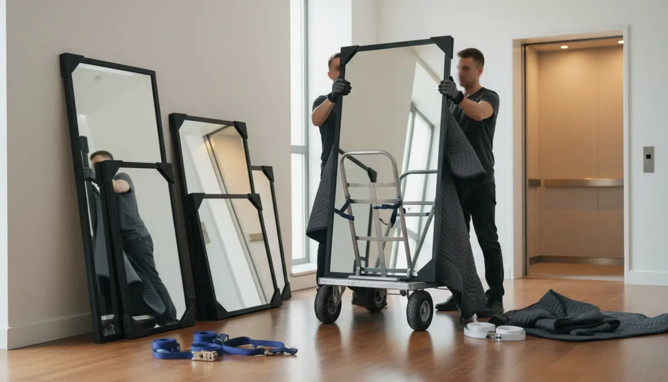 To personer læsser store, tunge spejle på en rullevogn foran en åben elevator.