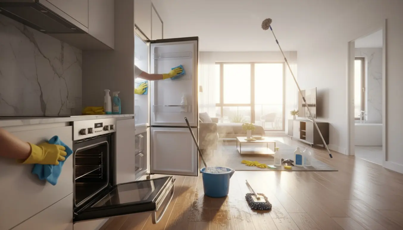 Dybdegående rengøring i en lys lejlighed med handsker, moppe, spand og skinnende køkken og bad.