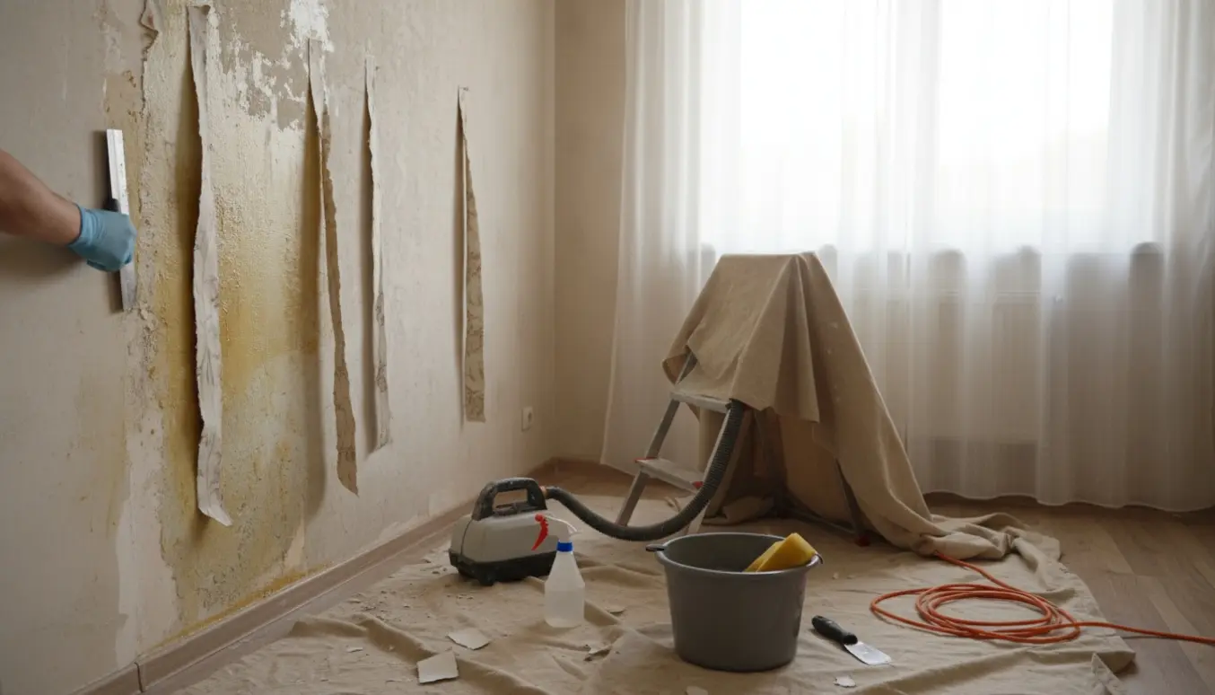 Lille værelse under renovering med delvist afrevet tapet og værktøj til tapetfjernelse.