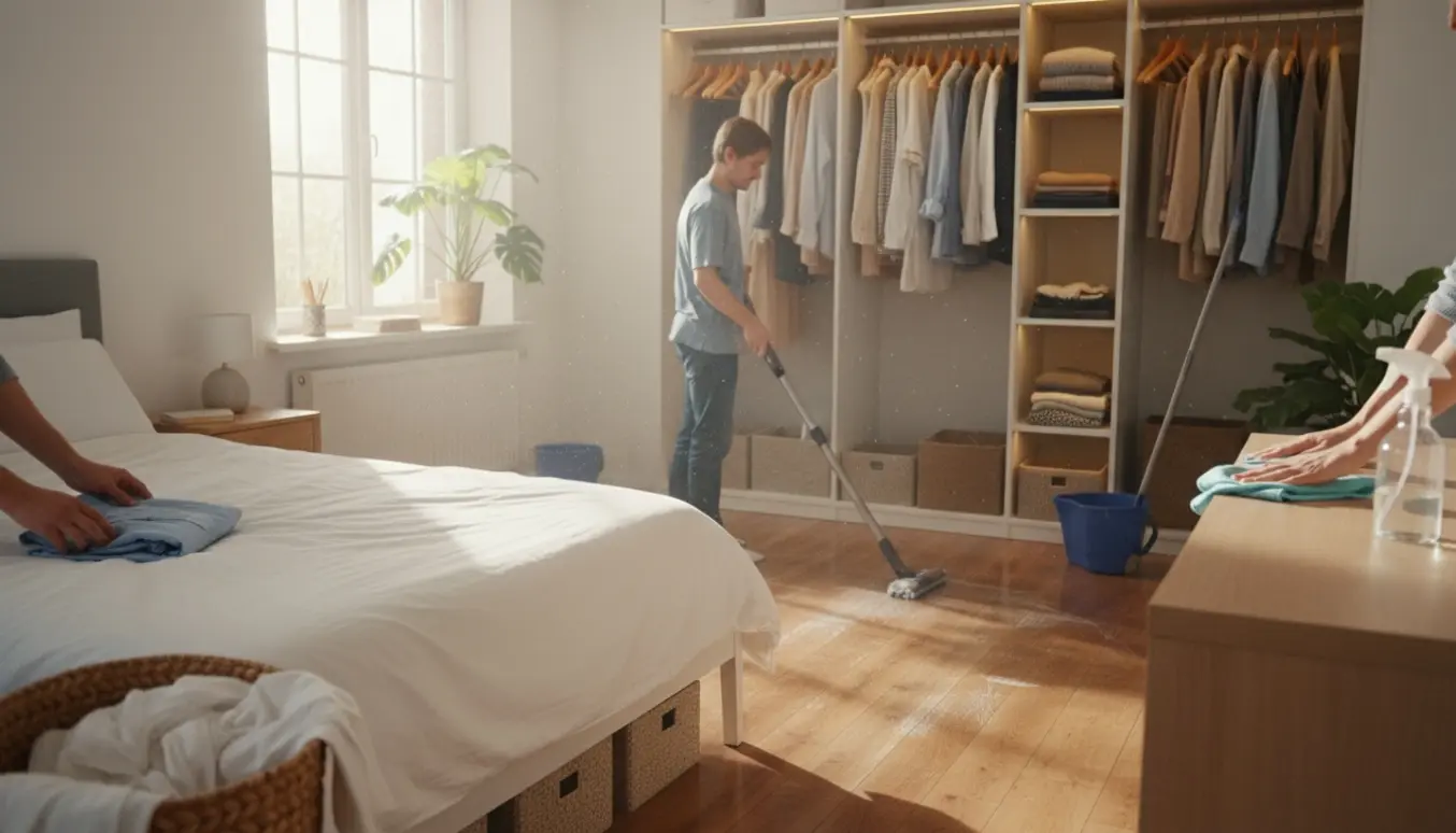 Person organiserer tøj og rengør et lyst værelse med støvsuger og moppe.