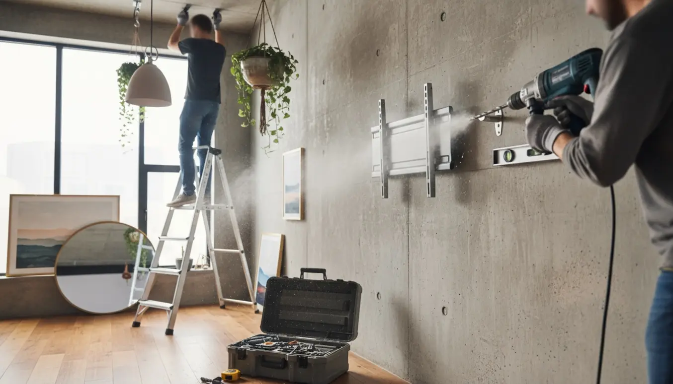 Hænder bruger boremaskine til at montere TV-ophæng i en betonvæg med gardinstang, spejl og loftkroge i rummet.