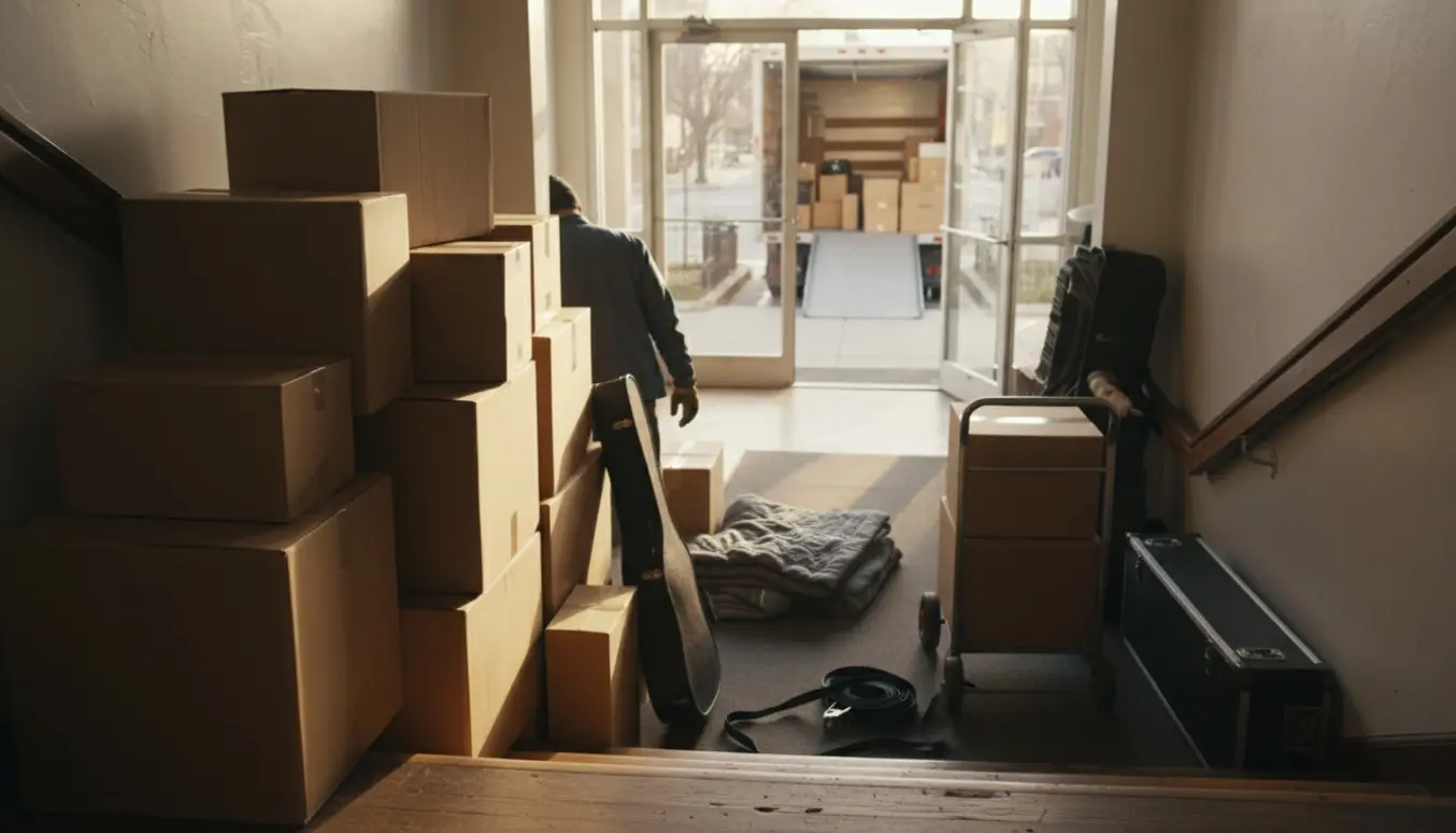 Flyttekasser og instrumentkasser bæres ned ad trappe mod en åben flyttebil ved hoveddøren.