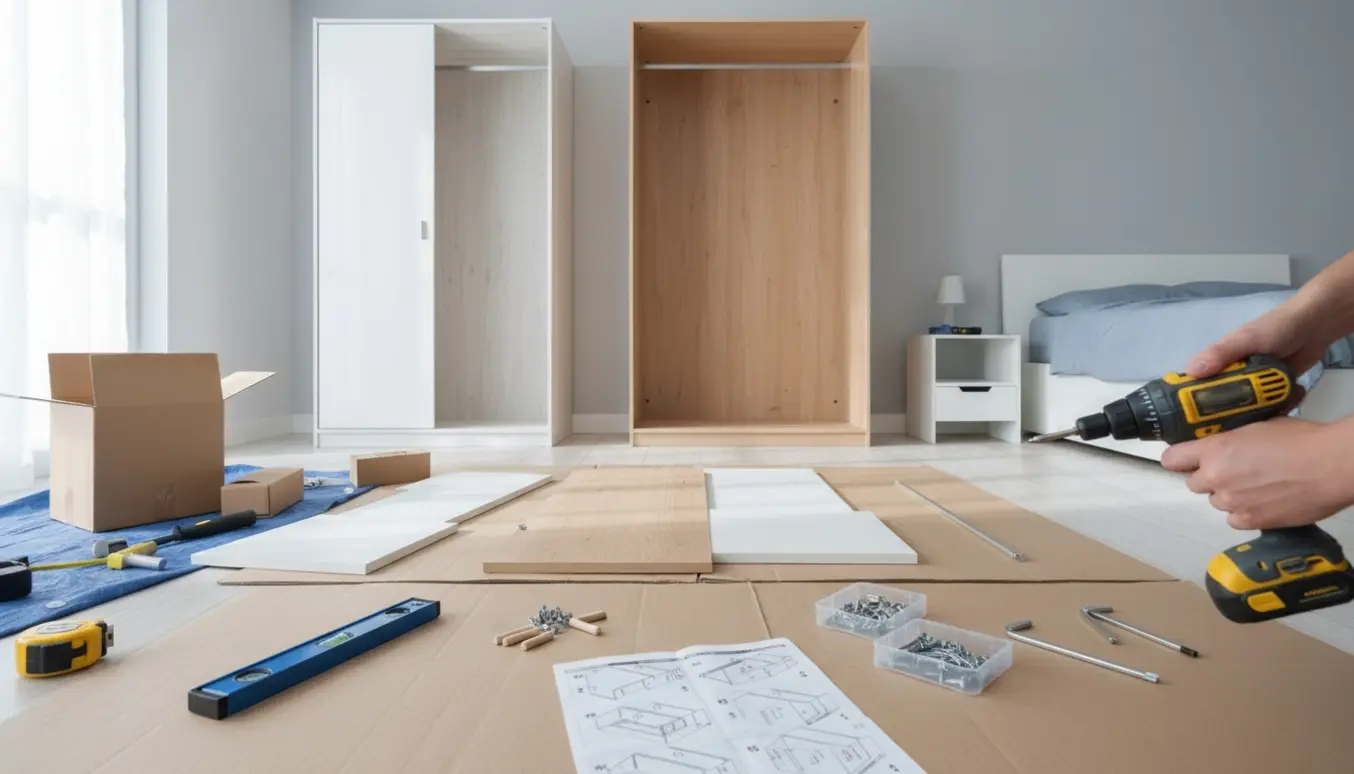 To garderober under samling i et lyst værelse med skruer, skruetrækker og træpaneler.