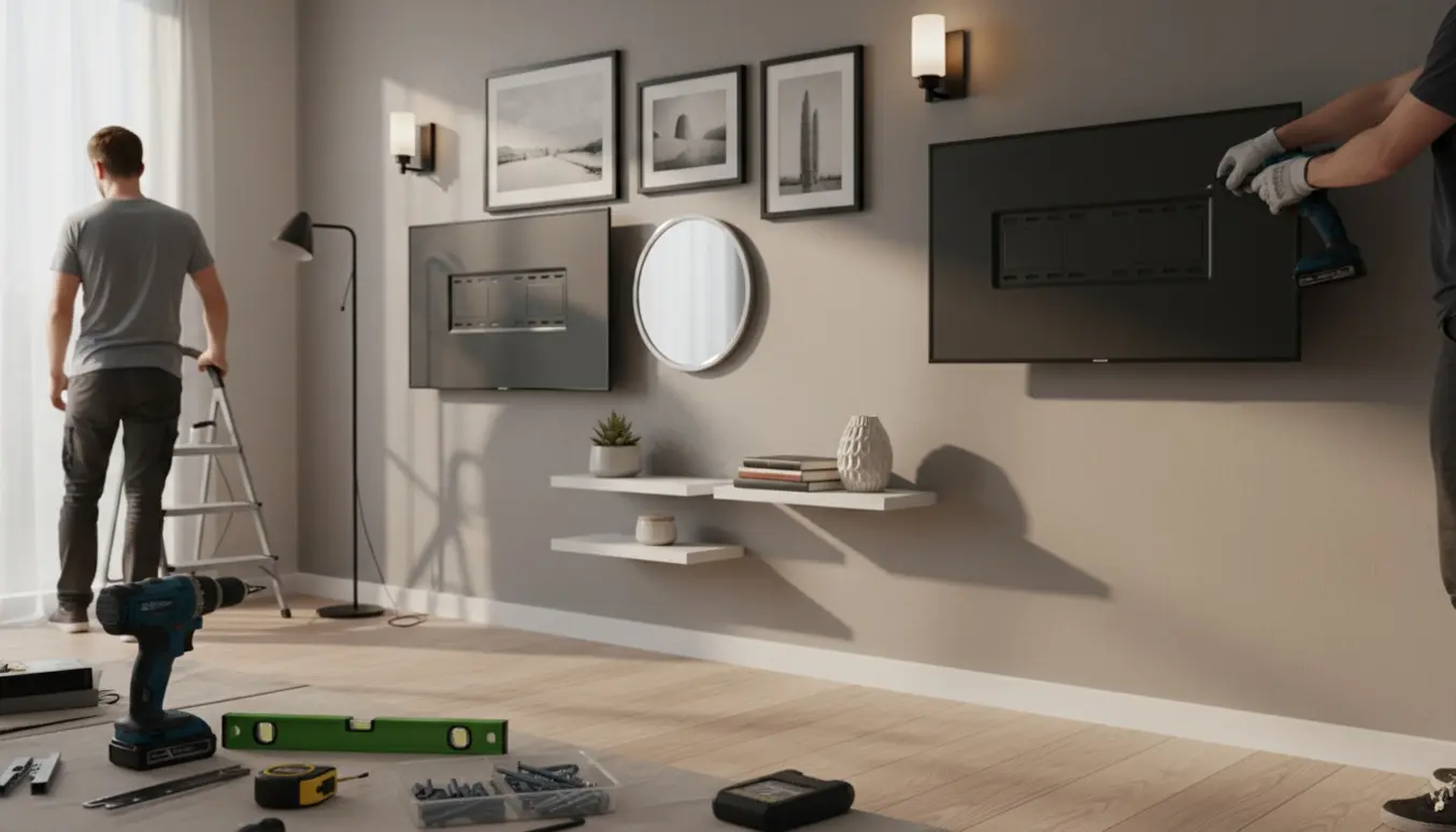 En håndværker monterer to tv, fire billeder, tre små hylder, et spejl og tre lamper på en stuevæg med værktøj i forgrunden.