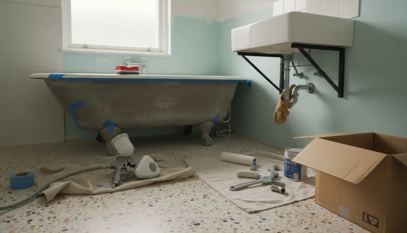 Et lille badeværelse med terrazzo-gulv under mindre renovering med kar, nye armaturer og værktøj.