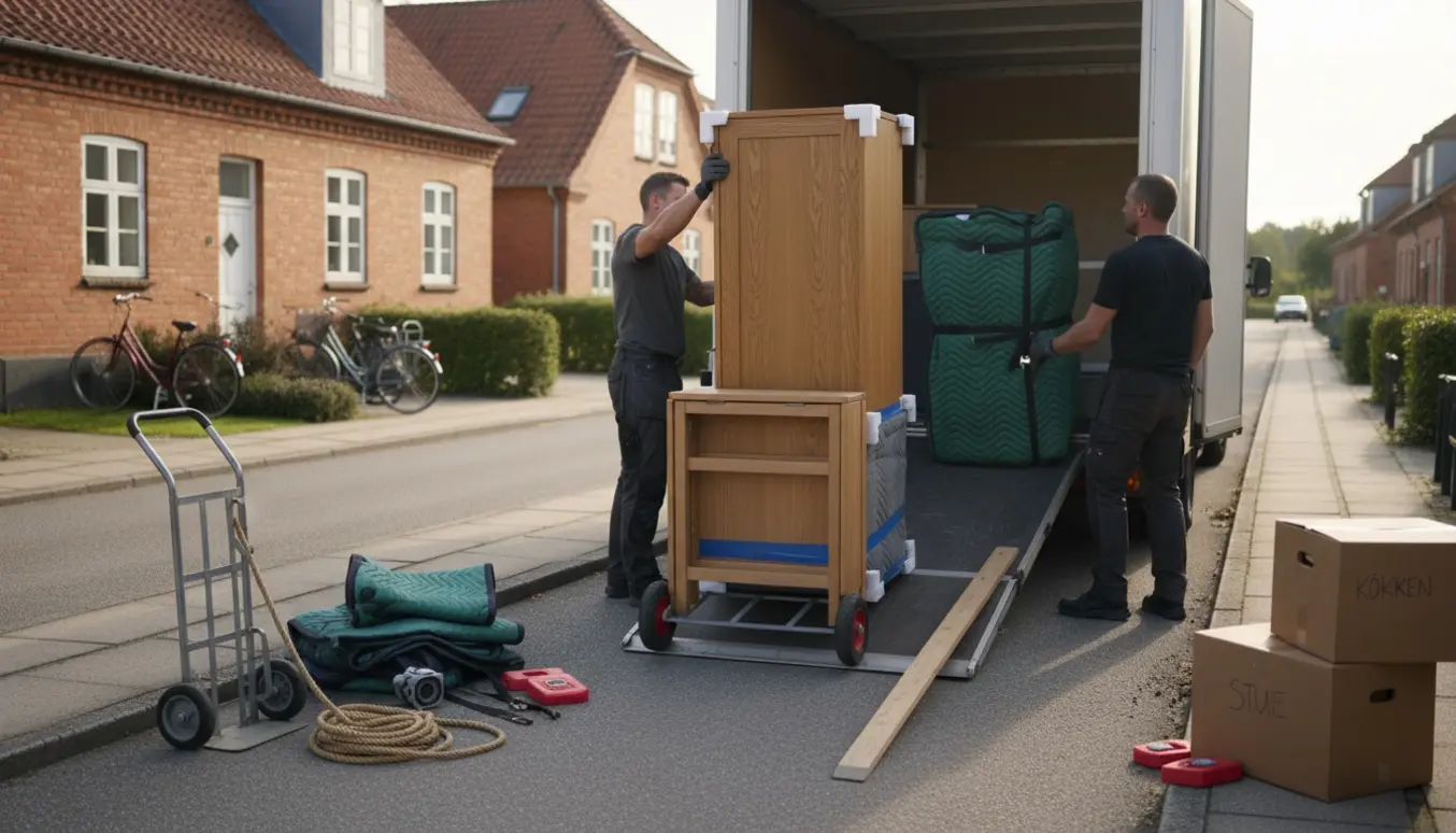 Flyttefolk læsser et skab, et vægophængt skab og et lille udtræksbord ind i en flyttebil på en stille forstadsgade.