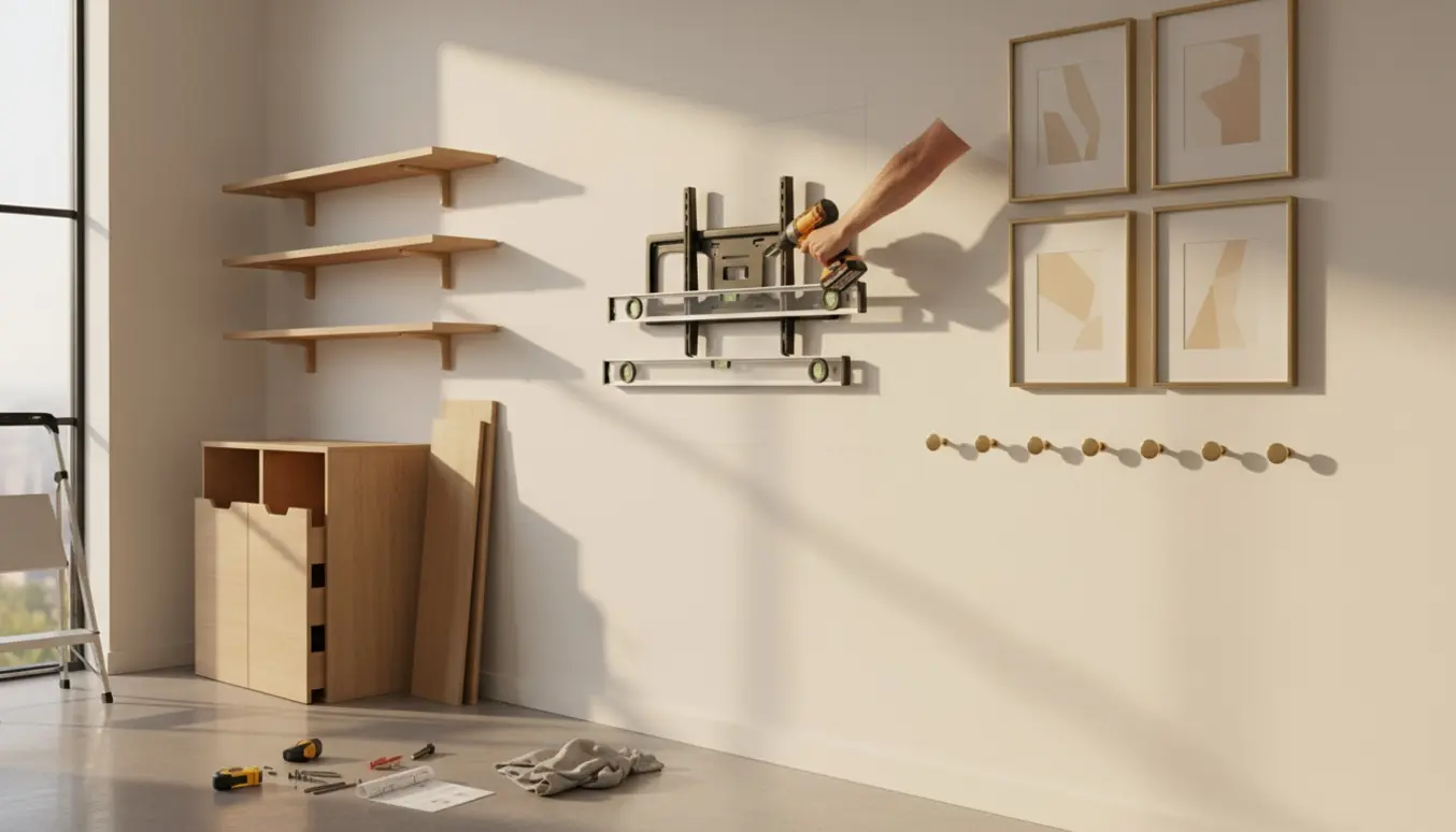 Hænder monterer et TV-bracket på en væg med værktøj, hylder, knager og et skoskab i nærheden.