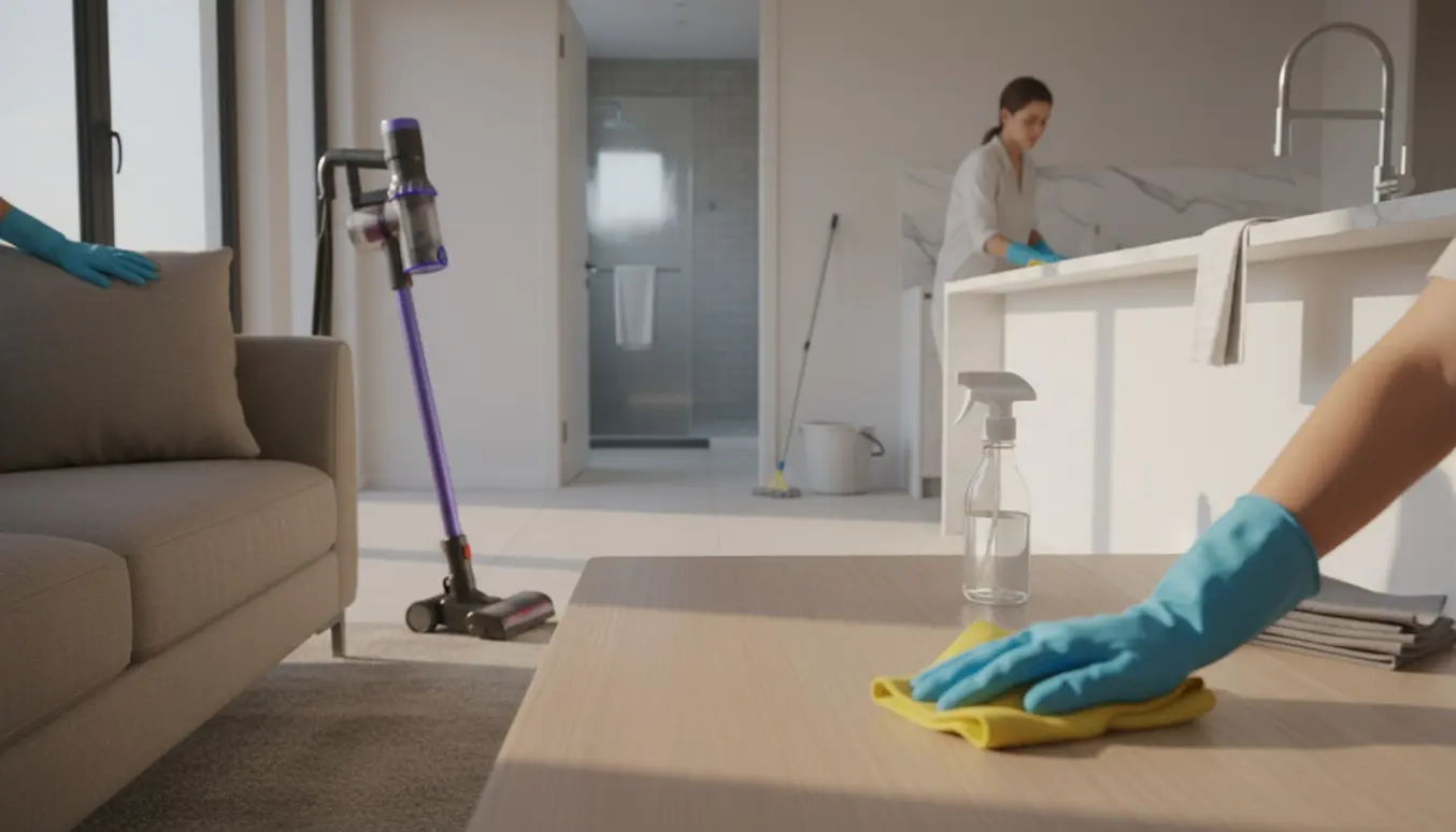 Lyst, åbent hjem med rengøringsredskaber og hænder i arbejde i køkken, stue, gang og badeværelse.