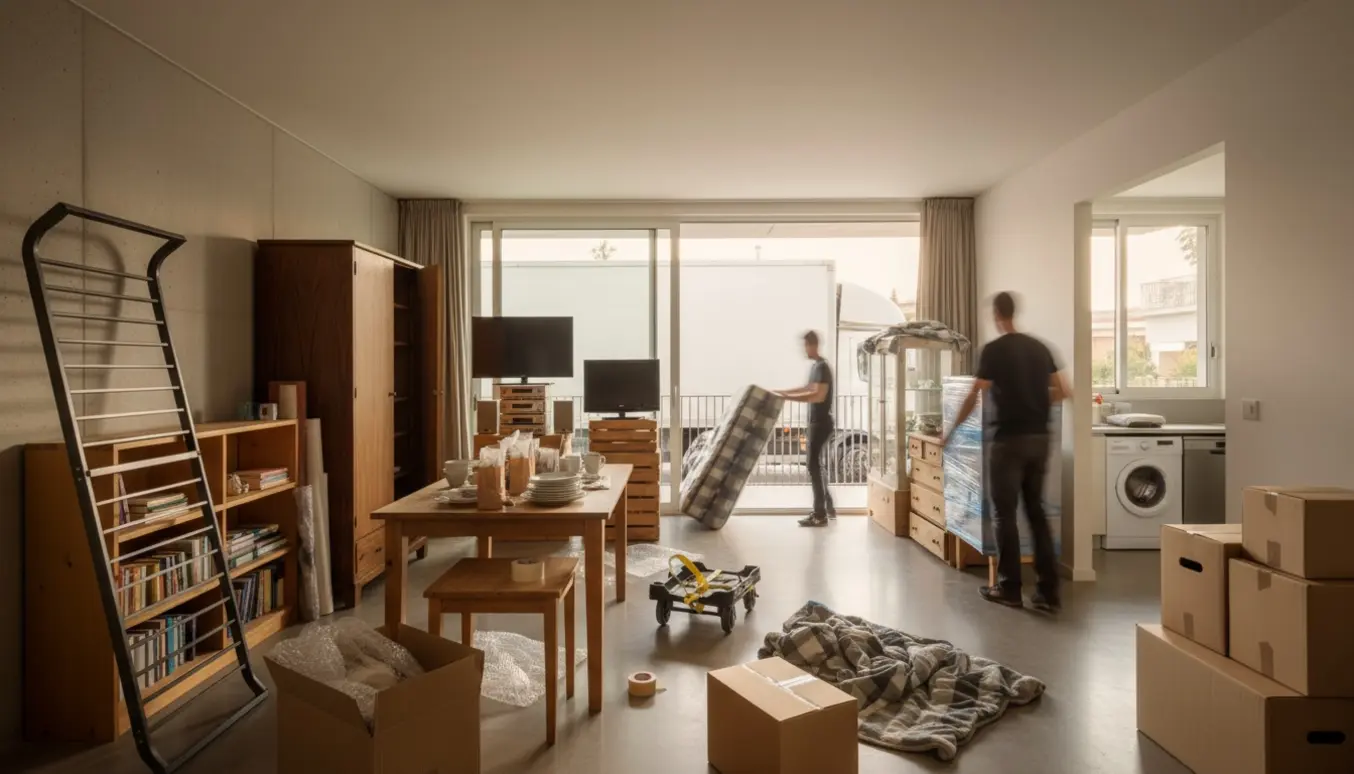Soloplyst lejlighed midt i en flytning med møbler, hvidevarer og stablede flyttekasser.