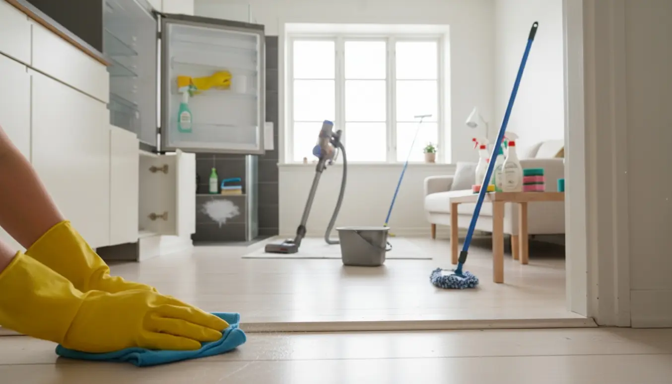 Solbelyst lejlighed under hovedrengøring med handsker, moppe, åben køleskab og rene vinduer.