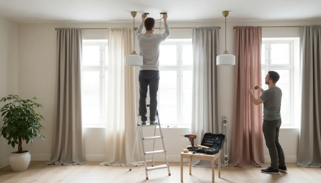 Person monterer tre gardiner og to lamper i en lys stue set bagfra med fokus på hænder og værktøj.