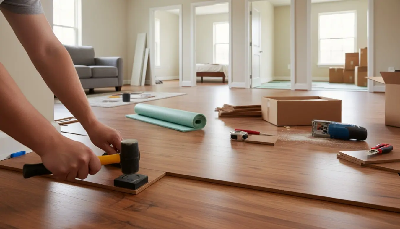 Nærbillede af klikgulv, værktøj og åbne døre til tre soveværelser i en lys lejlighed.