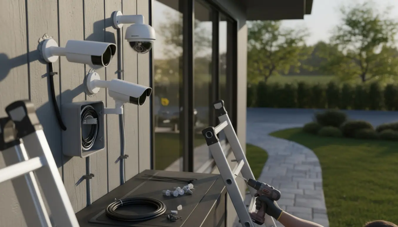 Tre udendørs overvågningskameraer monteres ved husets facade med åbent installationsskab og værktøj i forgrunden.