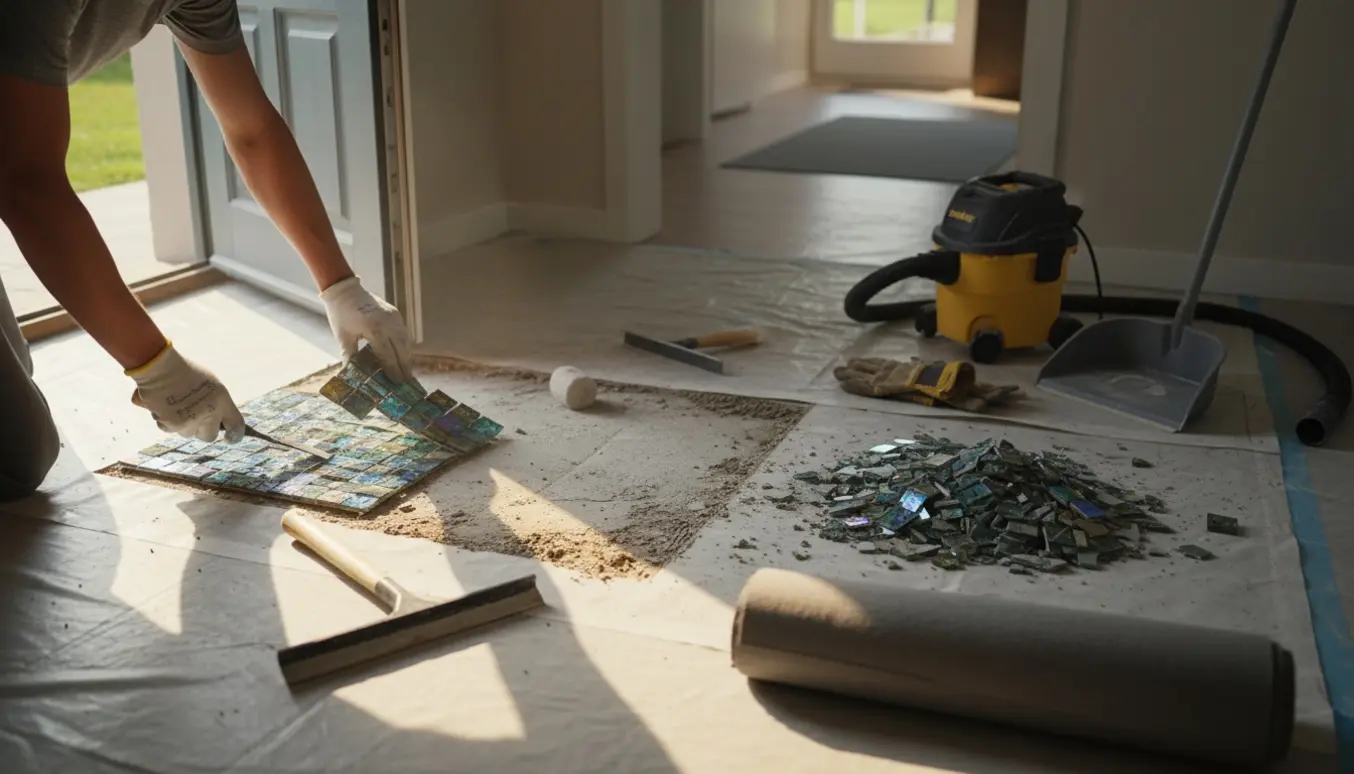 Entre under renovering, mosaikfliser fjernes med mejsel og værktøj, og en rullet måtte ligger klar.