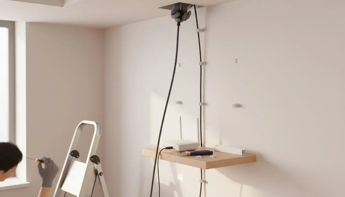 Strømførende kabel trækkes fra loftet ned til et modem på en hylde med værktøj og stige i nærheden.