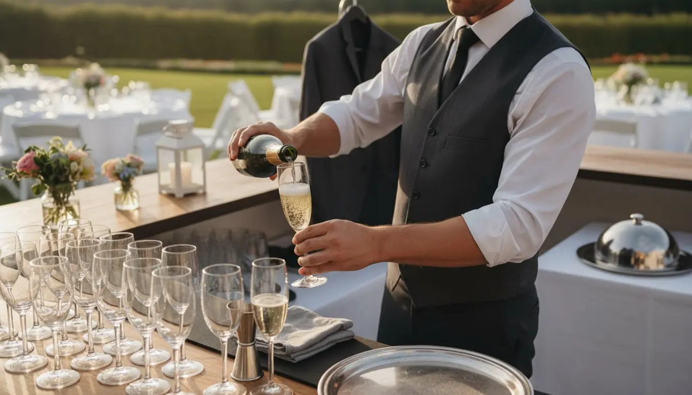 Tjener fylder champagneglas ved bryllupsbar med barudstyr og dækkede borde i baggrunden.