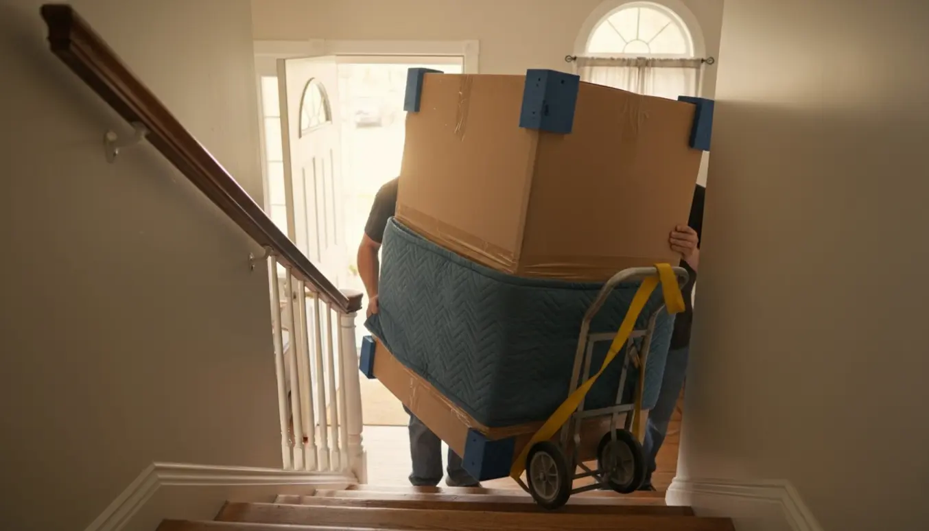 Et indpakket badeværelsesmøbel bæres op ad en boligtrappe til 1. sal med flyttetæpper og remme synlige.