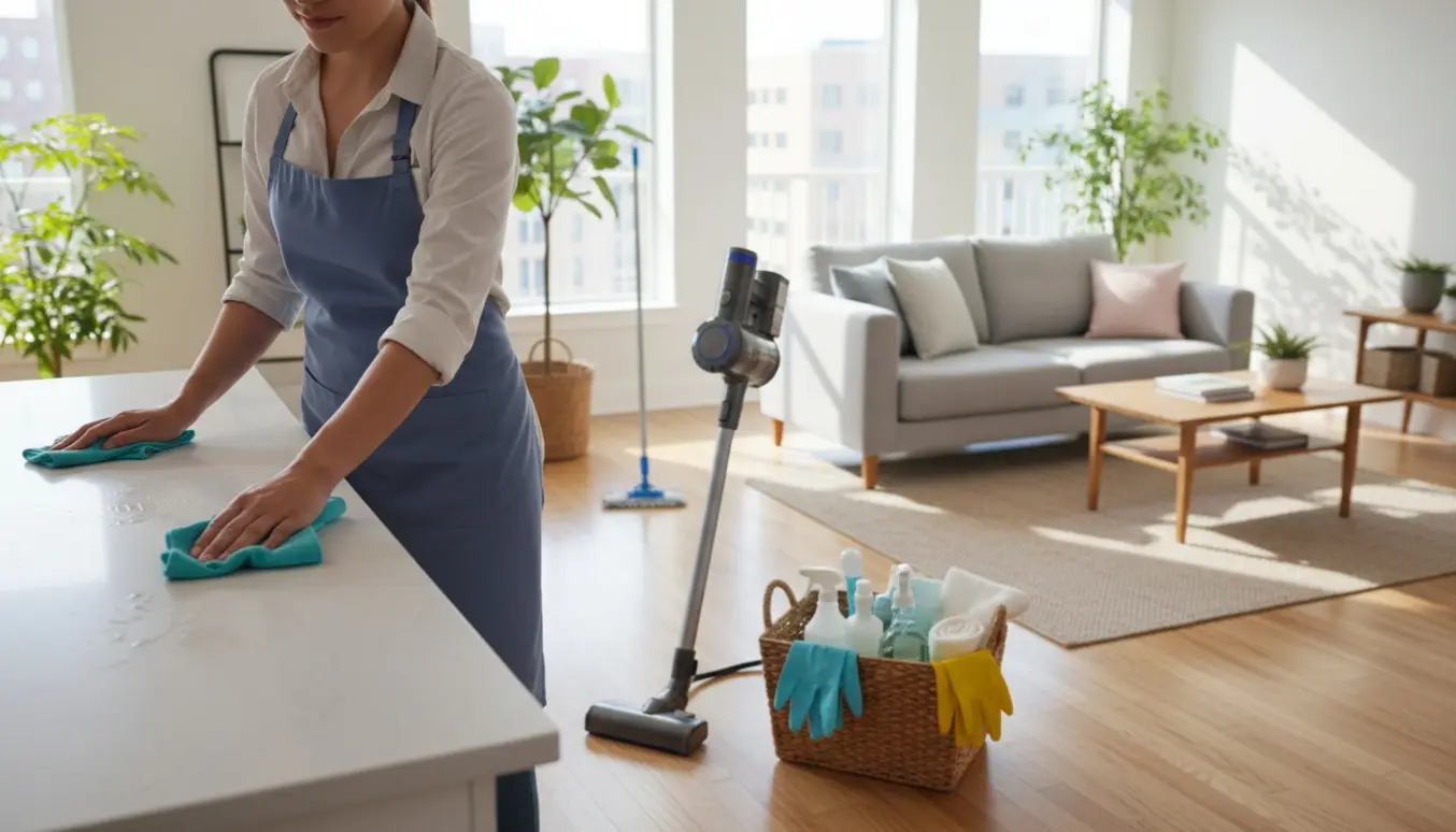 Hænder tørrer en køkkenbordplade i en solfyldt, nyvasket lejlighed med støvsuger og rengøringskurv i baggrunden.