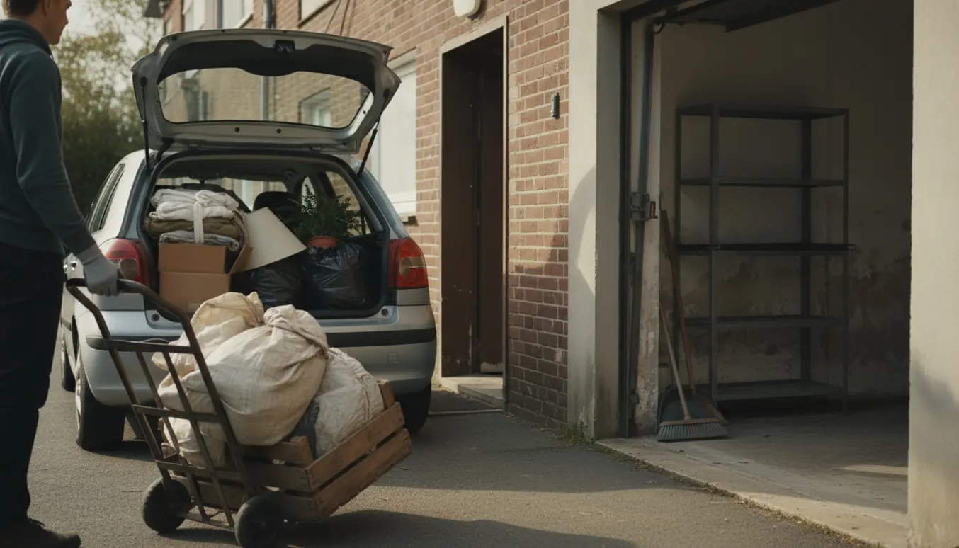 Åben bil bagklap læsses med sække og småting fra en lejlighed og et kælderrum, klar til aflevering på genbrugspladsen.