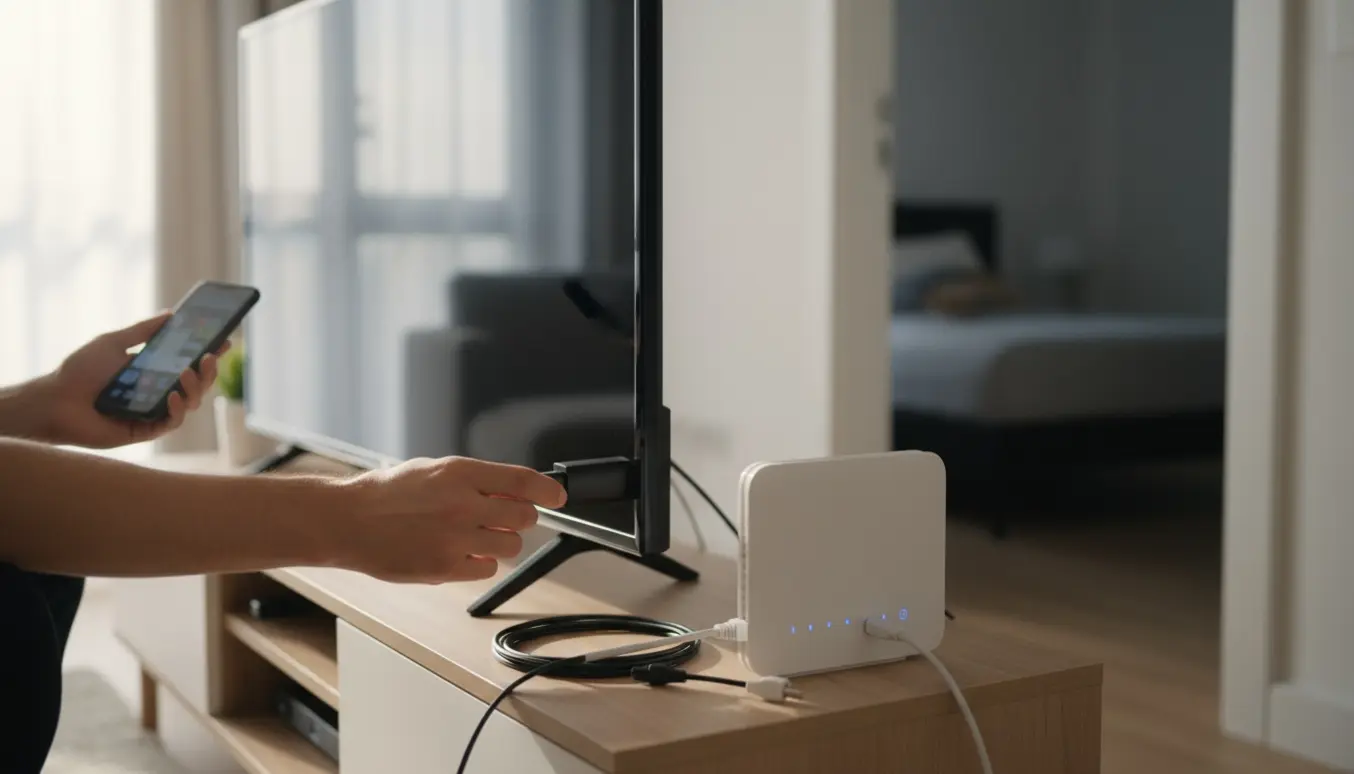 Hænder tilslutter en Chromecast til et tv ved siden af en router og nyt vægstik, der viser opsætning af streaming efter ændring af internetstik.