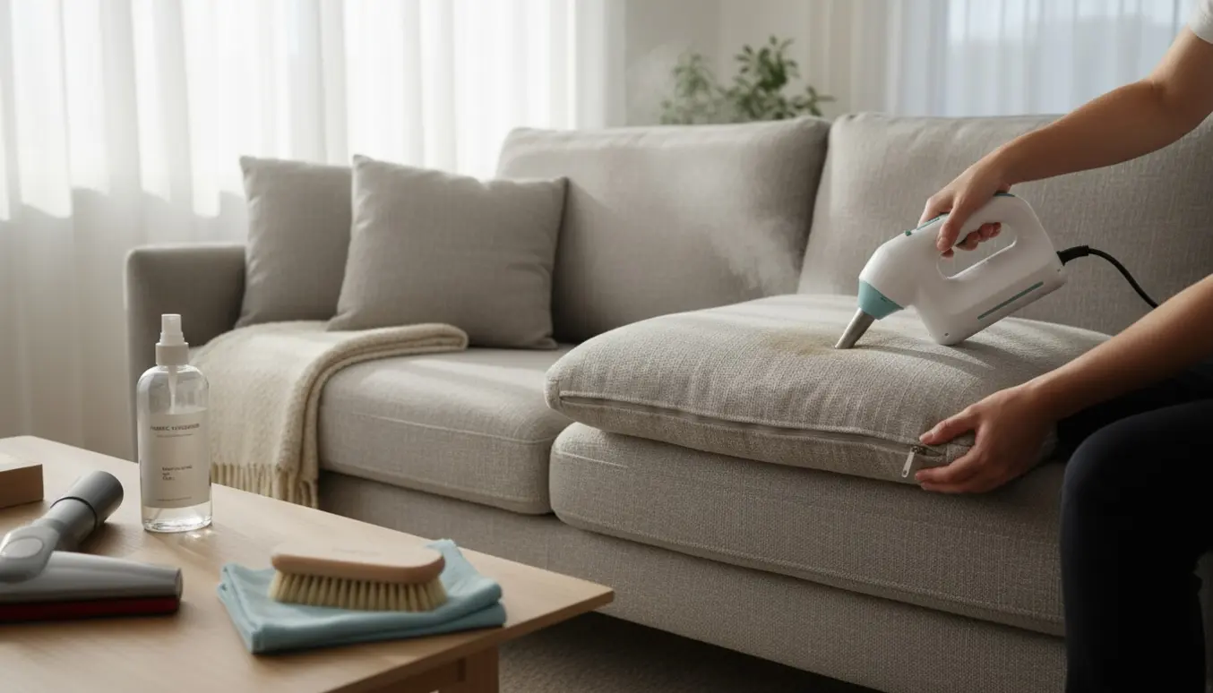 Hænder renser en lys grå sofas pude med en håndholdt damprenser i en lys skandinavisk stue.