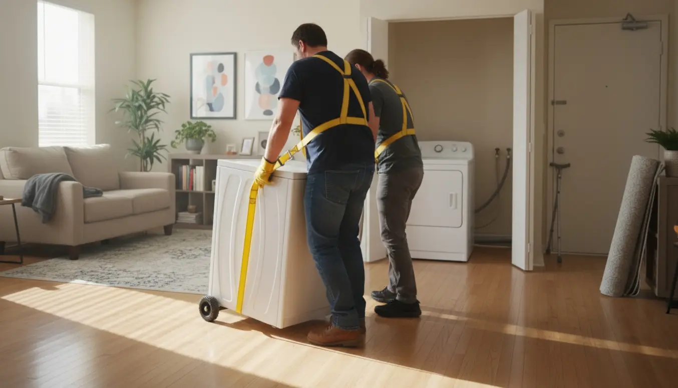 To mænd bærer en tørretumbler gennem en lys lejlighed mod en vaskekrog.