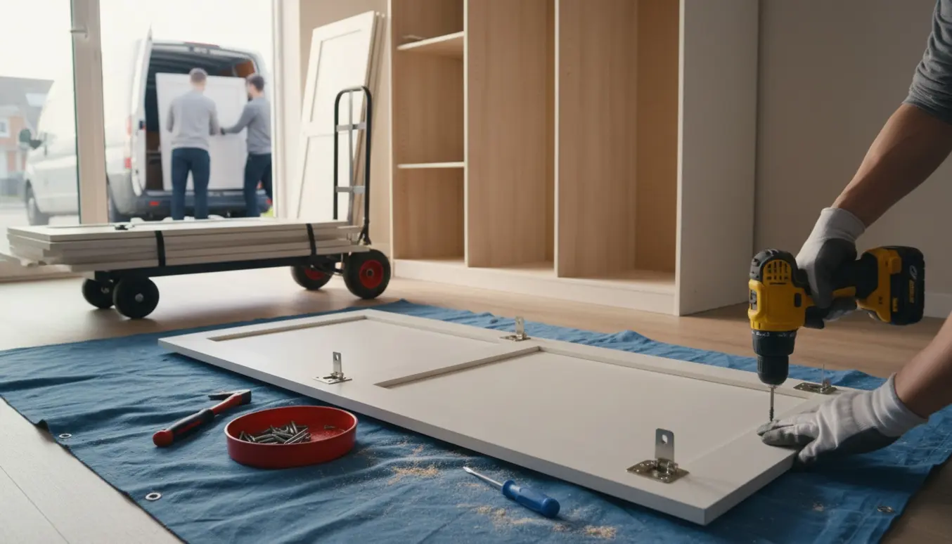 Delvist afmonteret stort skab i hjemmet med værktøj og sammenstablede paneler klar til storskrald.