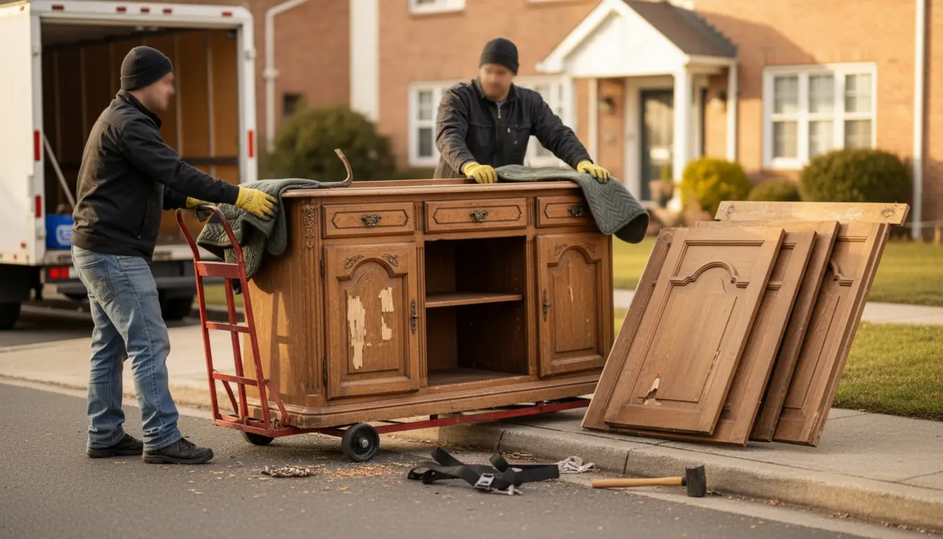 To personer flytter en tung, delvist afmonteret skænk på en møbelvogn ved fortovet.