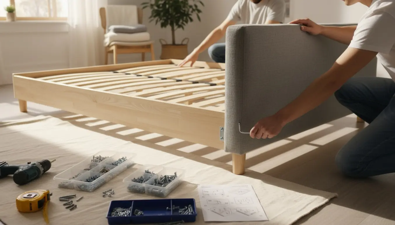 Nærbillede af hænder, der samler den sidste del af en seng med skruer, beslag og forskelligt ophæng.