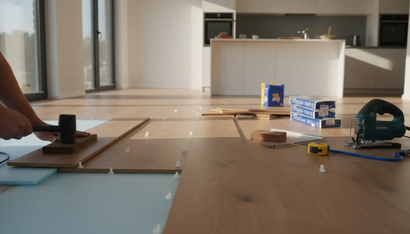 Halvfærdigt laminatgulv i et åbent køkken/alrum med stakke af planker og værktøj, mens hænder placerer en planke.