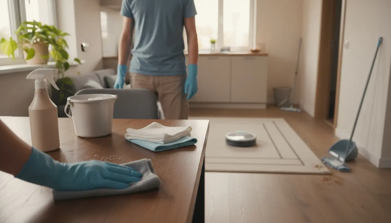 Hænder i gummihandsker pudser et spisebord i et solbeskinnet parcelhus.