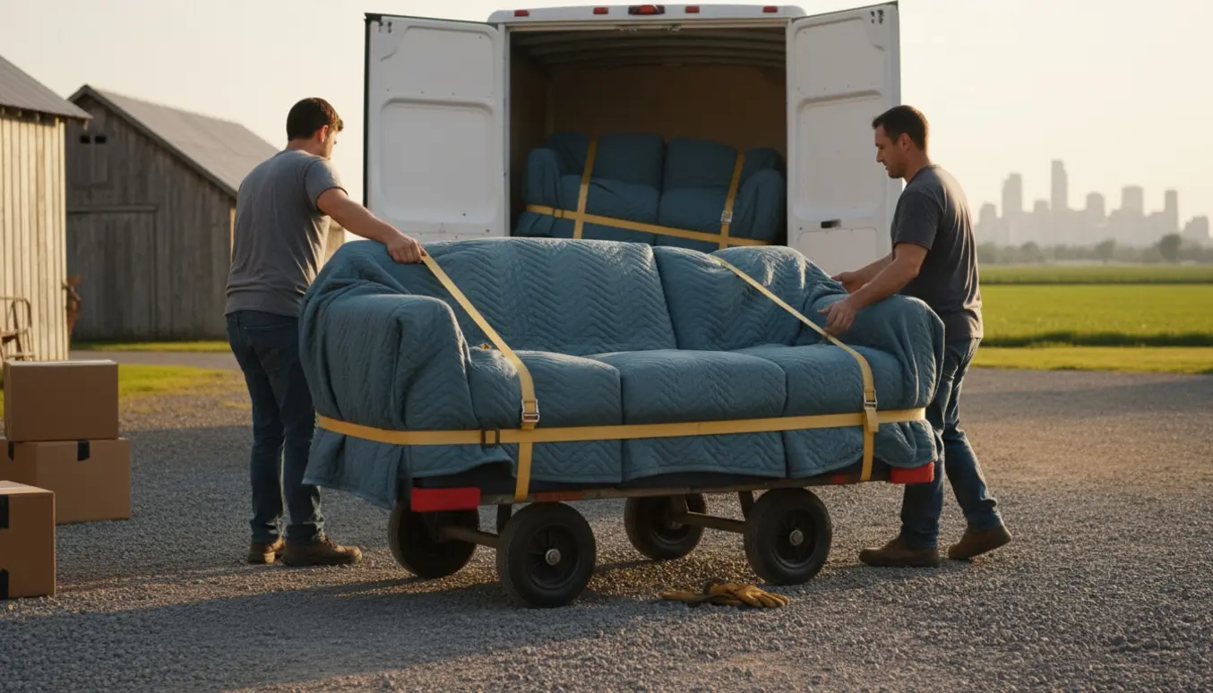 To flyttemænd læsser et sofasæt i tre dele ind i en flyttevogn foran et hus på landet med en fjern bysilhuet i baggrunden.