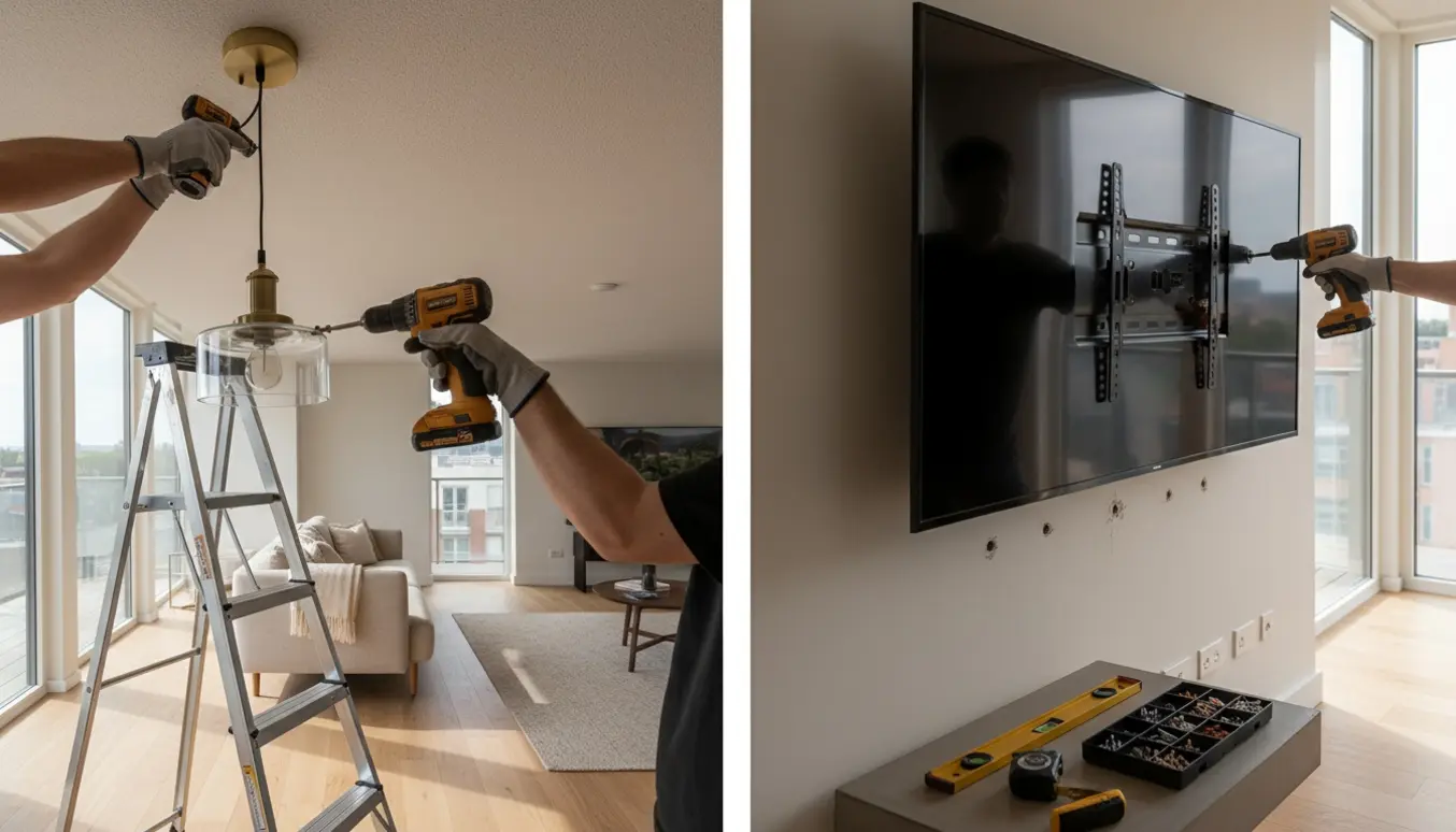 Montage af to loftslamper og to tv i en lys lejlighed med værktøj og hænder i arbejde.